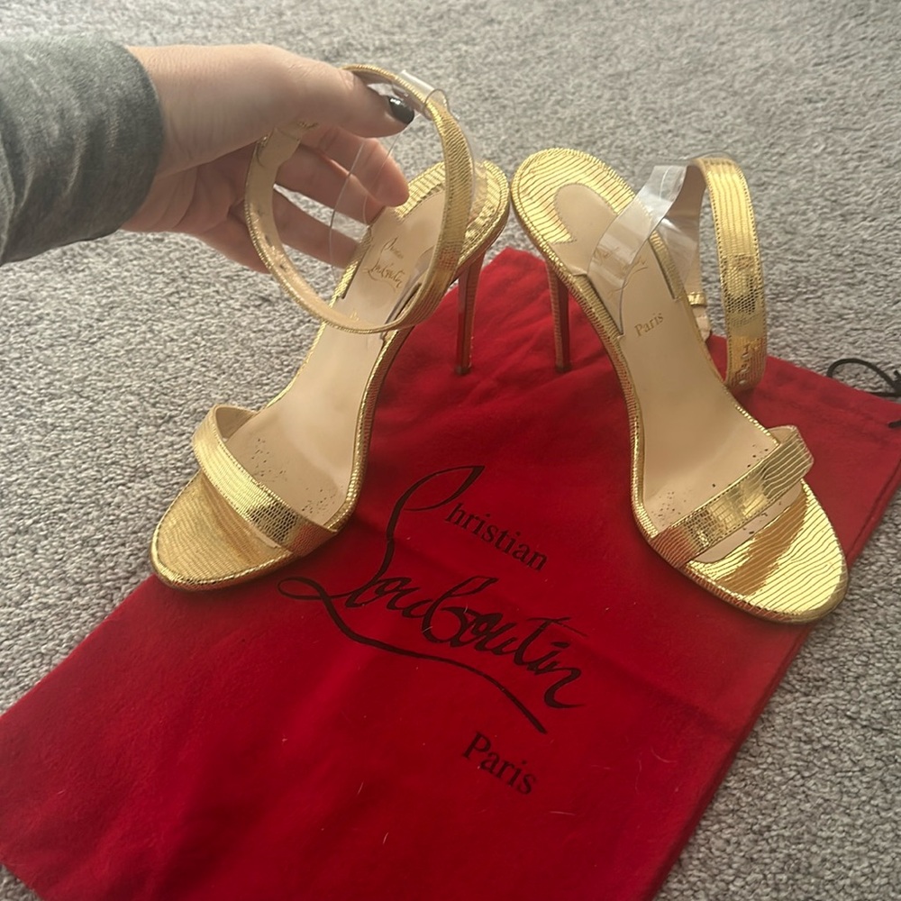 Christian Louboutin Gold PVC Ankle Strap Open Toe Sandal Heel